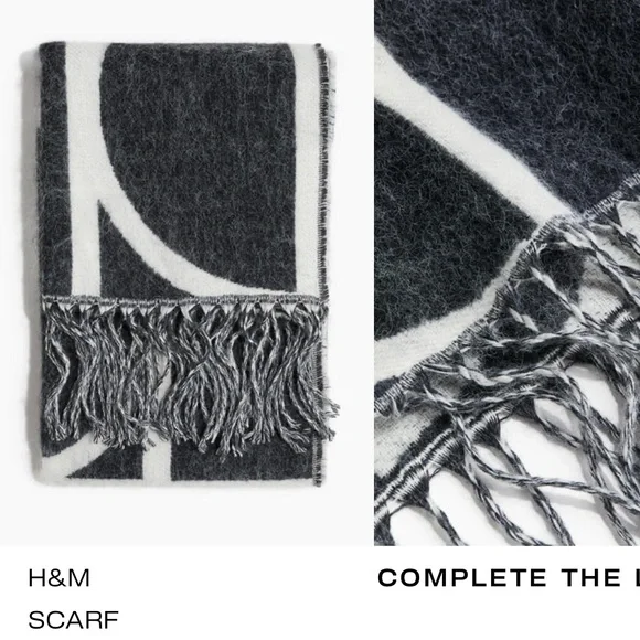 • F R E E • NWT • H&M • Gray & White Patterned Wool Scarf with Fringe - Picture 2 of 6